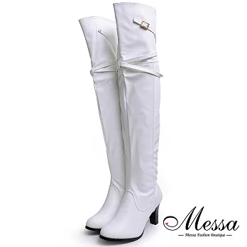 【Messa米莎專櫃女鞋】個性保暖細皮帶造型內鋪棉過膝高跟長靴37白色