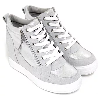 【Pretty】金屬珠光拼接雙拉鍊綁帶內增高休閒鞋23銀色