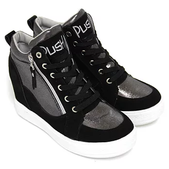 【Pretty】金屬珠光拼接雙拉鍊綁帶內增高休閒鞋23黑色