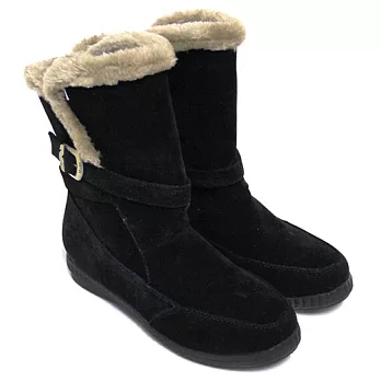 【Pretty】暖暖滾邊絨毛直套式平底中筒靴36黑色