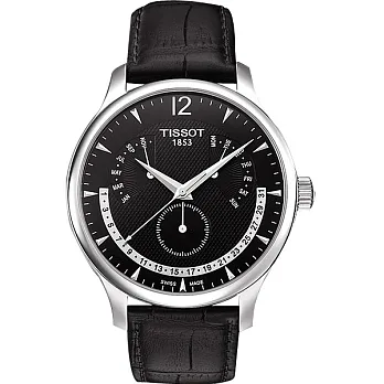 TISSOT Tradition 逆跳微笑時刻萬年曆時尚腕錶-黑-T0636371605700