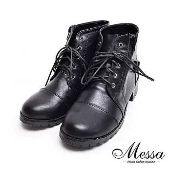 【Messa米莎專櫃女鞋】MIT韓風中性皮帶造型低跟短靴35黑色