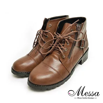 【Messa米莎專櫃女鞋】MIT韓風中性皮帶造型低跟短靴35咖啡色