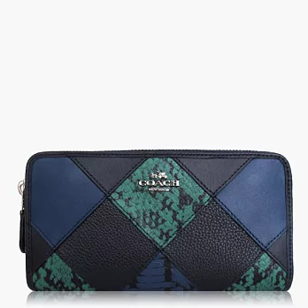 【COACH 方便整理】皮革拼接 / 拉鍊式多功能長夾_深藍