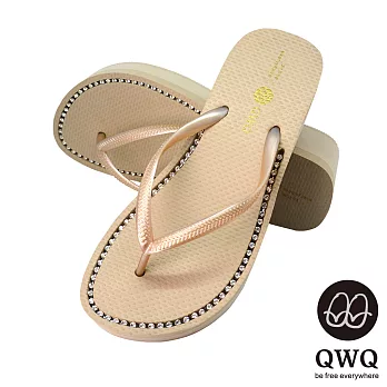 QWQ夾拖的創意(女) - 慛燦面鑽 全素面施華洛世奇鑽鍊6cm夾腳拖鞋 -EU36香檳米