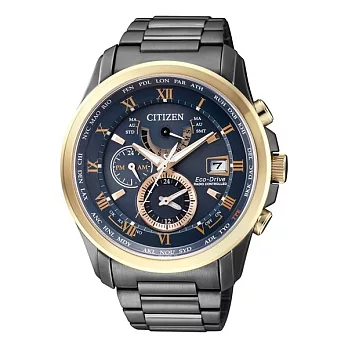 CITIZEN 霸王世界光動能電波時尚萬年曆限量腕錶-黑金-AT9088-80L