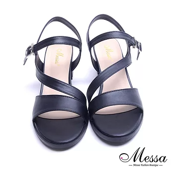 【Messa米莎專櫃女鞋】MIT典雅流線金屬飾繫踝粗方跟涼鞋-黑色EU35黑色