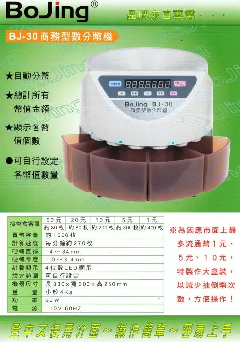 Bo品牌來自專業DBJ-30 商務數分幣★自動分幣★總計所有幣值金額Jing★顯示幣值個數可自行設定BoJing BJ-30商務型數分幣機幣值數量50元接幣盒容量20元 10元置幣容量5元 1元 80 80約200約300枚約400枚約1500枚計算速度硬幣直徑硬幣厚度計數顯示設定範圍機器尺寸每分鐘約270枚※為因應市面最多流通幣1元、14~34mm1.0~3.4mmLED 顯示4位數5元、10元,特製大盒裝,可自行設定長330x寬300260mm以減少抽倒幣次量小於4Kg功數,方便操作!電源110V 60HZ介面~作~容易上