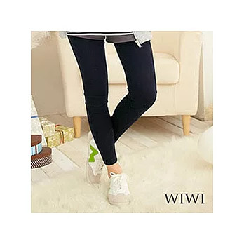 [WIWI]顯瘦素面百搭腰彈性柔棉內刷毛九分內搭褲(深藍)
