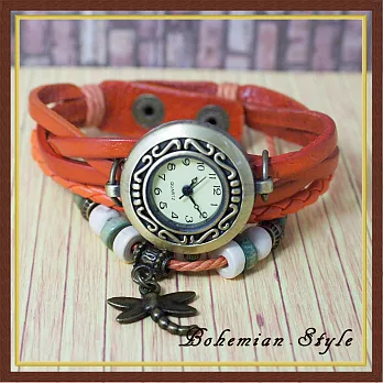BOBO-1964 波西米亞風 復古皮革編織吊飾錶橘色