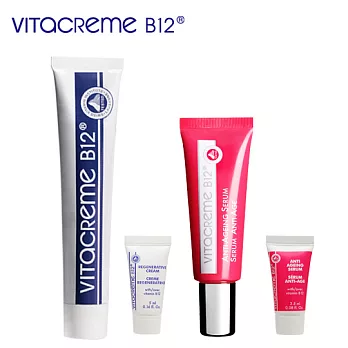 【買2大送2小-喚膚抗皺組】VITACREME B12瑞士維他命B12亮顏喚膚霜50ml+無瑕奇蹟精華液30ml