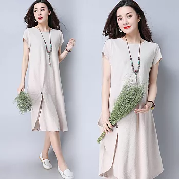 【NUMI】復古-復古純色棉麻風連衣裙-共2色-90080(M-2XL可選)2XL杏色