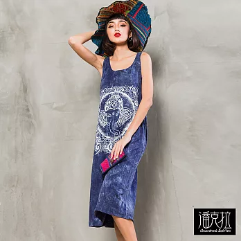 【潘克拉】方型象神圖騰石洗連身裙(3色)-F 　FREE藍
