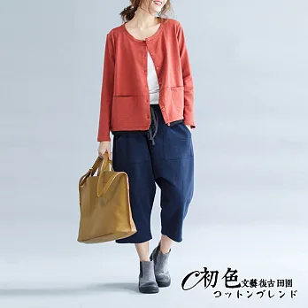 【初色】圓領單排釦拼接顯瘦外套-共2色-90264L橘紅色