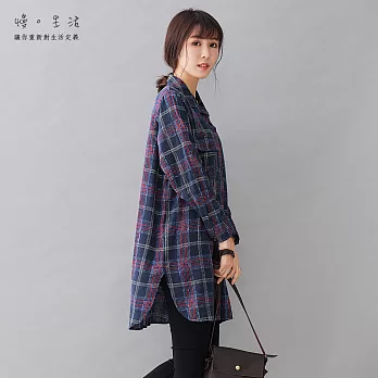 【慢。生活】配色格紋寬鬆長襯衫-F FREE