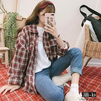 【Jilli~ko】視覺格紋寬鬆襯衫-5081 FREE紅色