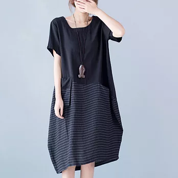 【A.Cheter】寬鬆短袖文藝條紋拼接棉麻洋裝101503F黑