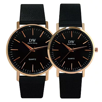 Daniel Wang DW-3192 時尚簡約氣質玫色指針優雅米蘭針織鐵帶錶 - 黑帶玫框 小型