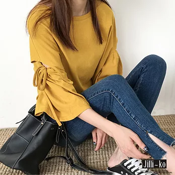 【Jilli~ko】韓版綁帶鏤空袖T恤-F J5856　FREE黃色