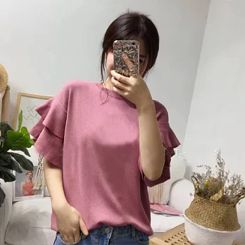 【MsMore】韓系美人浪漫雙層荷葉袖上衣101854F粉紅