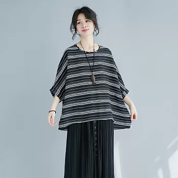 【MsMore】簡約寬鬆條紋百搭蝙蝠袖雪紡上衣102222F條紋