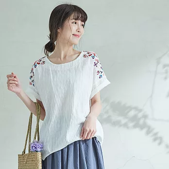 【慢。生活】雙肩刺繡肌理上衣-F 6613-1 FREE白色
