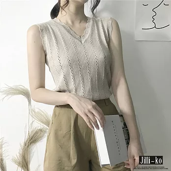 【Jilliko】波浪V領鏤空針織背心-F 1828 FREE杏色