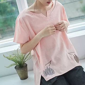 【慢。生活】對稱雙色小樹刺繡上衣-F 20330 FREE粉紅