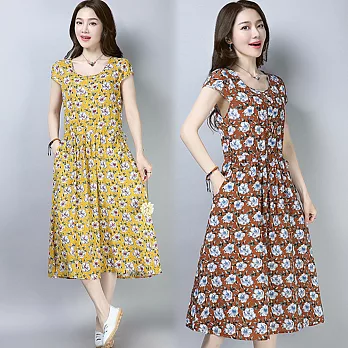 【NUMI】復古-滿版小印花連衣裙-共3色-91769(M-2XL可選)M黃色