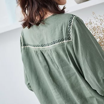 【慢。生活】雙肩刺繡棉麻上衣-F 20396 FREE綠色