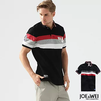 【JOE&WEI】橫紋接色印花貼布網眼Polo衫 - M/L M黑色
