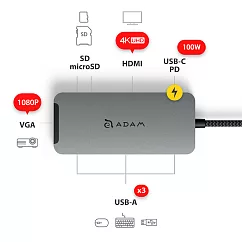 ADAM Hub A08 USB─C 8 port 多功能轉接器灰