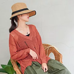 【慢。生活】微透膚破損感針織上衣 304 FREE 磚紅色