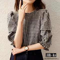 【Jilli~ko】格紋泡泡袖皺面小衫 J8111 L L 黑色