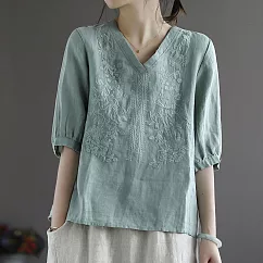 【ACheter】日本宮廷復古文藝棉麻刺繡上衣#112153─ M 綠