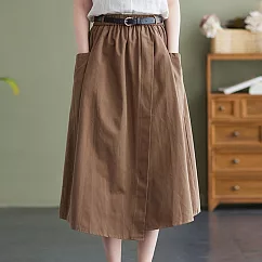 【ACheter】 氣質文藝休閒百塔寬鬆鬆緊腰棉麻長裙# 112468 M 咖啡