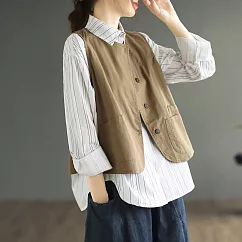 【ACheter】 秋新品氣質單排扣寬鬆顯瘦無袖水洗棉百搭馬甲短版上衣 # 113826 M 卡其色