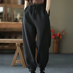 【ACheter】 秋冬新款復古純色加絨加厚鬆緊高腰束腳休閒運動長褲# 114029 L 黑色