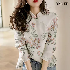 【AMIEE】中國風印花改良式旗袍襯衫上衣(KDTY─7052) M 印花
