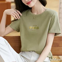 【MsMore】 簡約韓版綠休閒時尚圓領百搭氣質短袖棉T恤短版上衣 # 116405 M 綠色