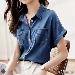 【ACheter】 牛仔襯衫短袖寬鬆上衣天絲感夏薄短版襯衫# 117380 M 深藍色