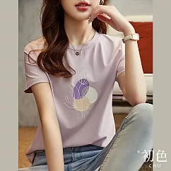 【初色】印花短袖寬鬆圓領T恤上衣─灰紫色─67449(M─2XL可選) M 灰紫色