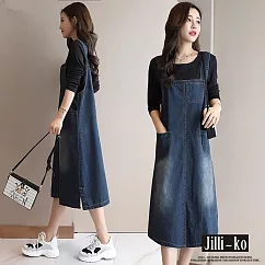 【Jilli~ko】韓版寬鬆休閒中長款牛仔吊帶裙 J10834 FREE 藍色