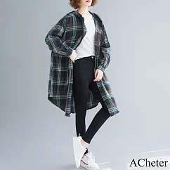 【ACheter】 長款韓版文藝寬鬆連帽大碼格子長袖襯衫外罩上衣# 119321 FREE 格子色