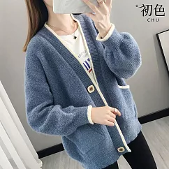 【初色】撞色百搭寬鬆休閒外搭長袖針織開衫外套-共4色-31448(F可選) F 藍色