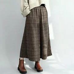 【AnZa】日系格子毛呢厚款保暖八分寬褲闊腿褲休閒褲長褲(2色) M 棕色