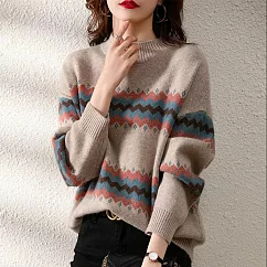 【MsMore】 半高領針織設計感鑲邊長袖毛衣短版上衣# 120398 FREE 卡其色