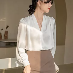 【MsMore】 韓版百搭V領緞面修身長袖襯衫款短版上衣# 120629 M 白色