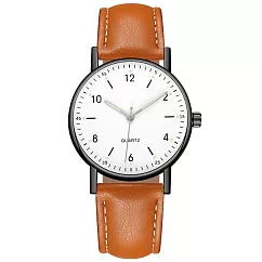 Geneva 日內瓦─米歇爾商務簡約中性數字標手錶 _黑框白面棕帶