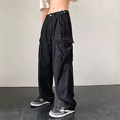 【AMIEE】日系復古多口袋寬鬆工裝褲(男裝/KDPY─D27) M 黑色